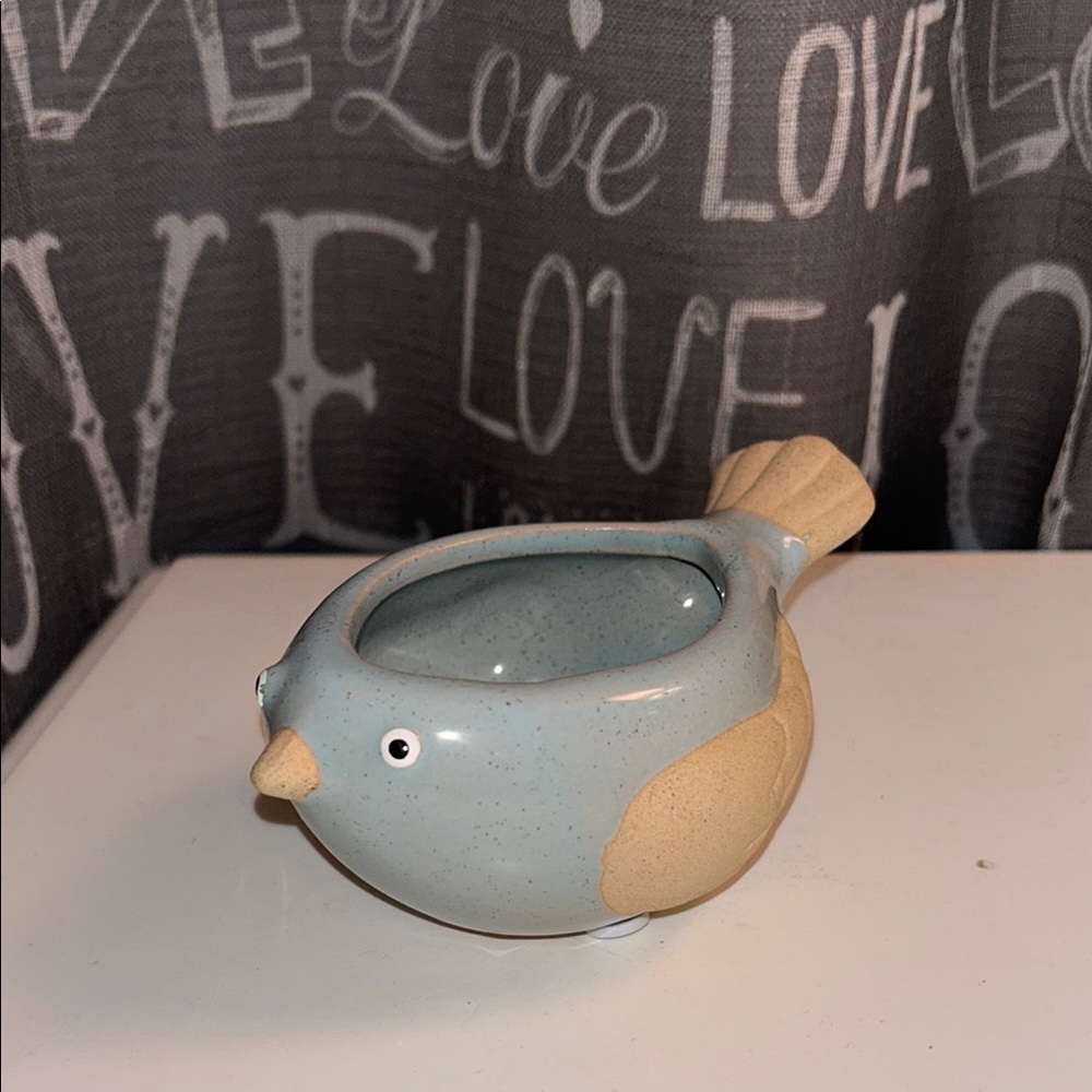 Blue and Tan Bird-Shaped Ceramic Dish